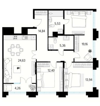 3-к квартира, 6/19 эт., 95м²